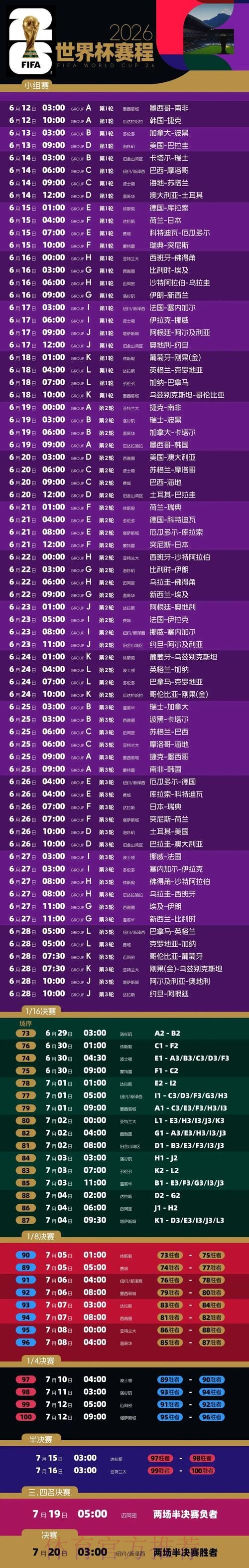 2026世界杯比赛时间最新完整安排免费观看